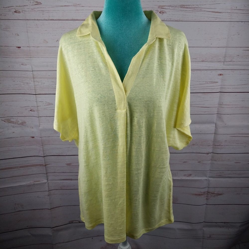 Chicos 3 Yellow 100% Linen Stretch Henley Polo Short Sleeve Popover Womens Sz XL